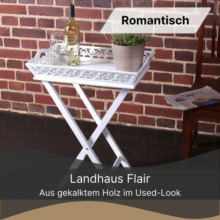 DESIGN DELIGHTS Verspieltes HOLZTABLETT Landhaus | 63 cm, 2-teilig, Weiss | Serviertisch, Tabletttis