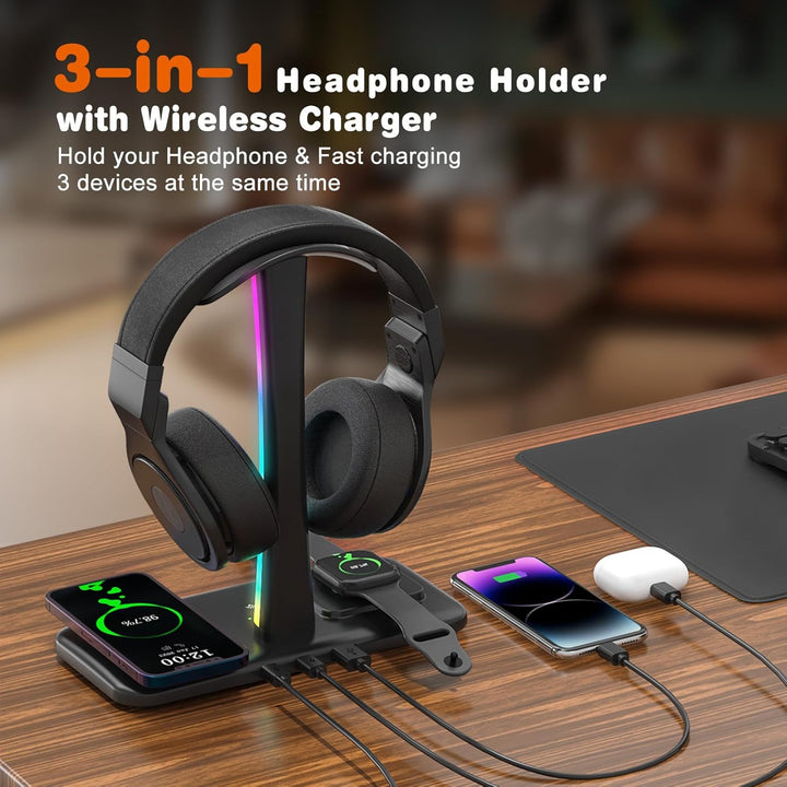 3 in 1 RGB Gamning Kopfhörer Ständer, Headset Halterung mit 15W Wireless Ladegerät, Gaming Kopfhörer