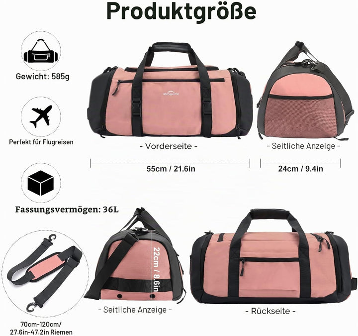 Sporttasche Herren + Rucksack-Funktion, Reisetasche Damen Hellrosa, Hellrosa