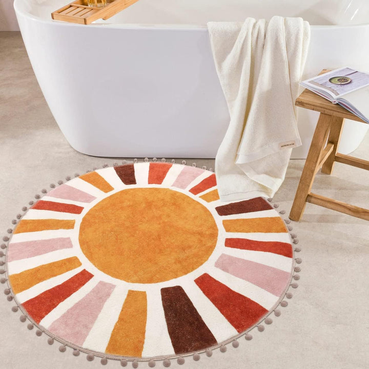 KIMODE Boho Rund Sonne Teppich 90cm,Vintage Weich Badezimmerteppich mit Pompons Rutschfest Waschbare