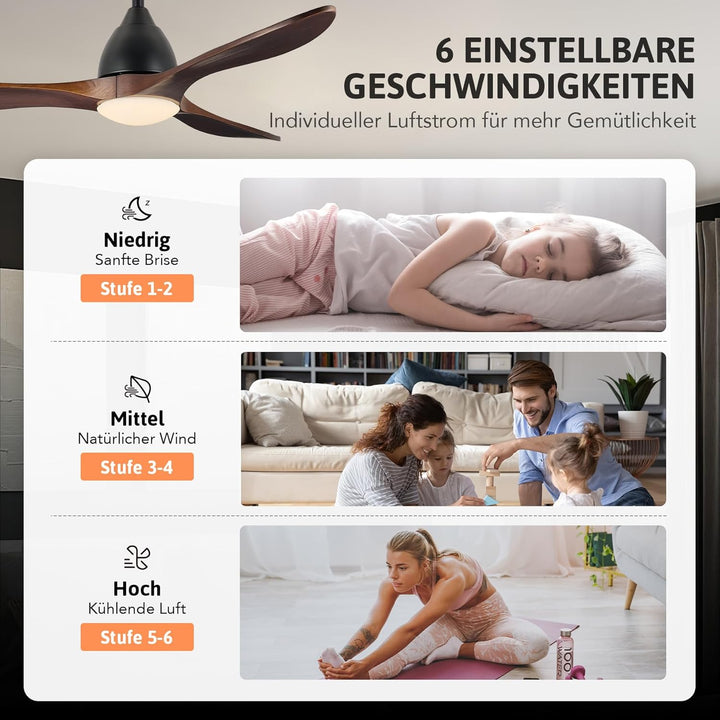 VONLUCE Deckenventilator mit Beleuchtung und Fernbedienung, 132 cm, 3 Flügel, leiser 6-stg. DC-Motor