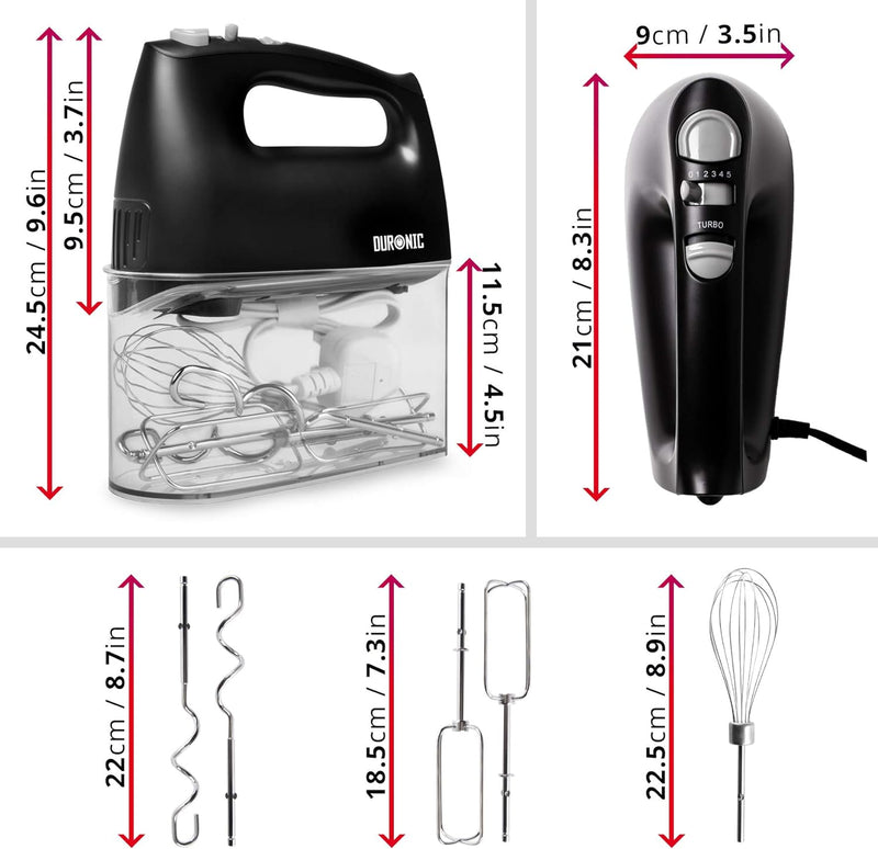 Duronic HM4 BK Handrührer - Mixer mit Rührbesen, Knethaken und Schneebesen - Handmixer mit Aufbewahr