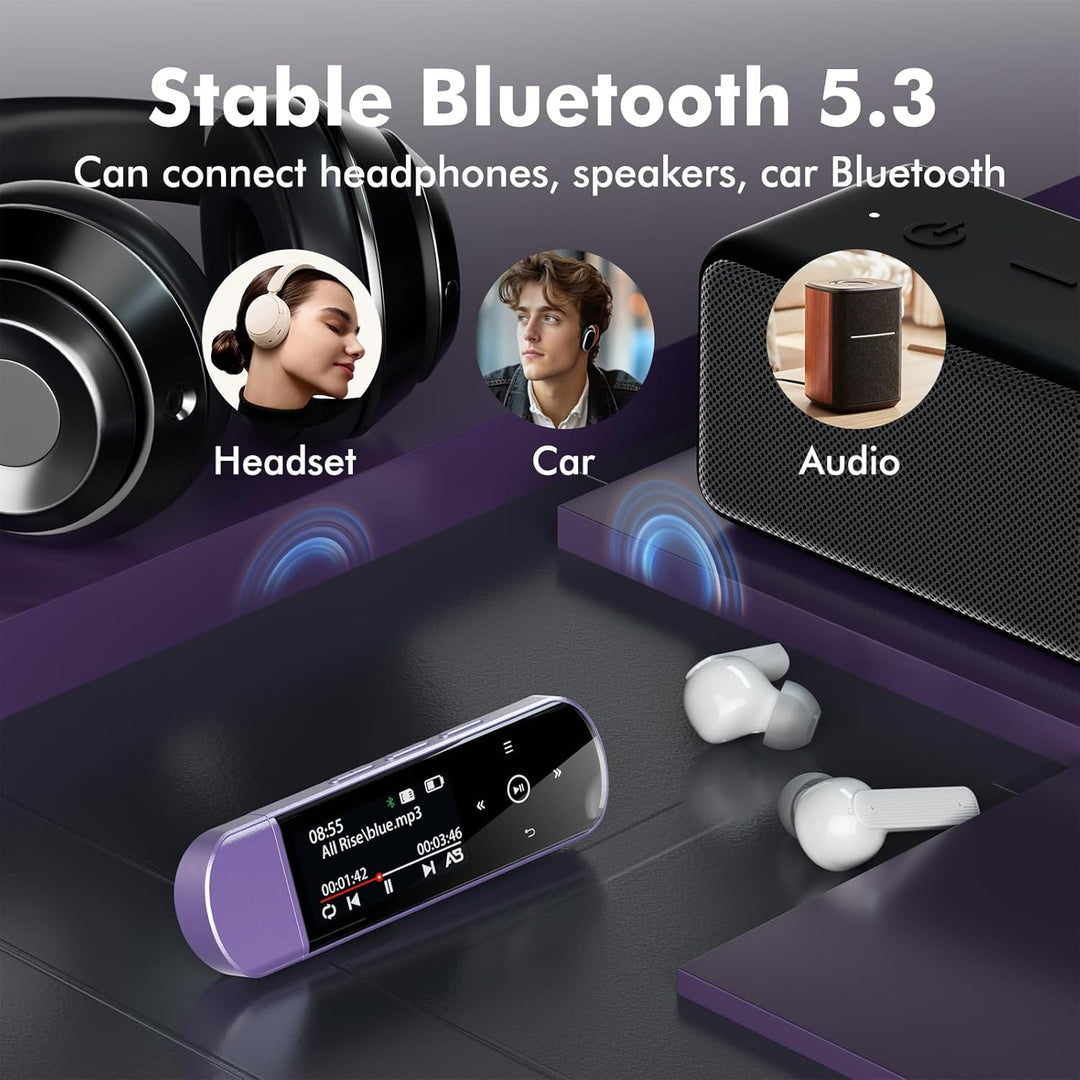 64GB Tragbarer USB MP3 Player mit Bluetooth 5.3, Clip für Sport & Laufen, FM Radio, Voice Recorder,