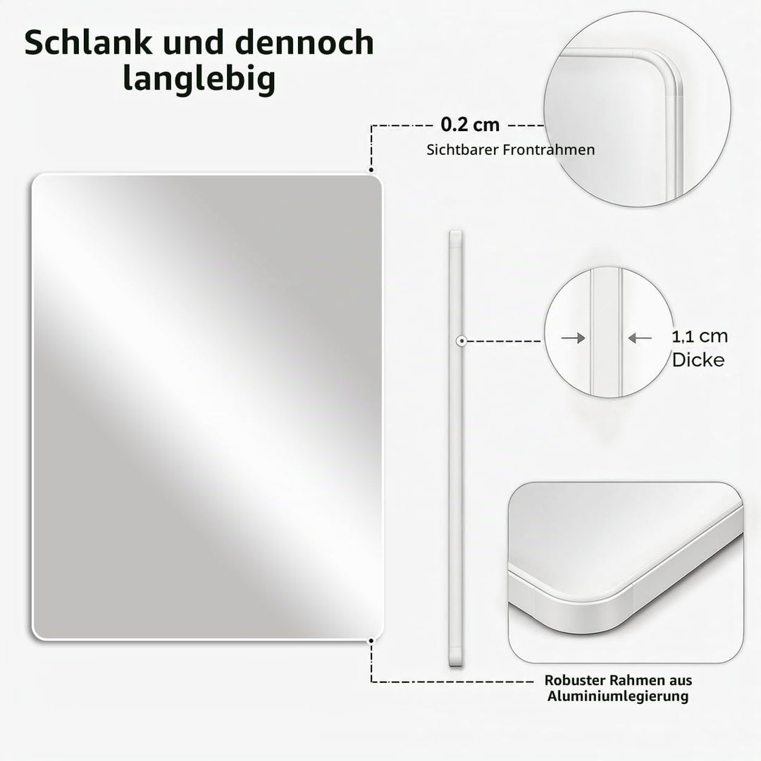 Weisser Rahmenspiegel 60 x 80 cm, grosser Badezimmer-Wandspiegel, rechteckiger Badezimmerspiegel zur