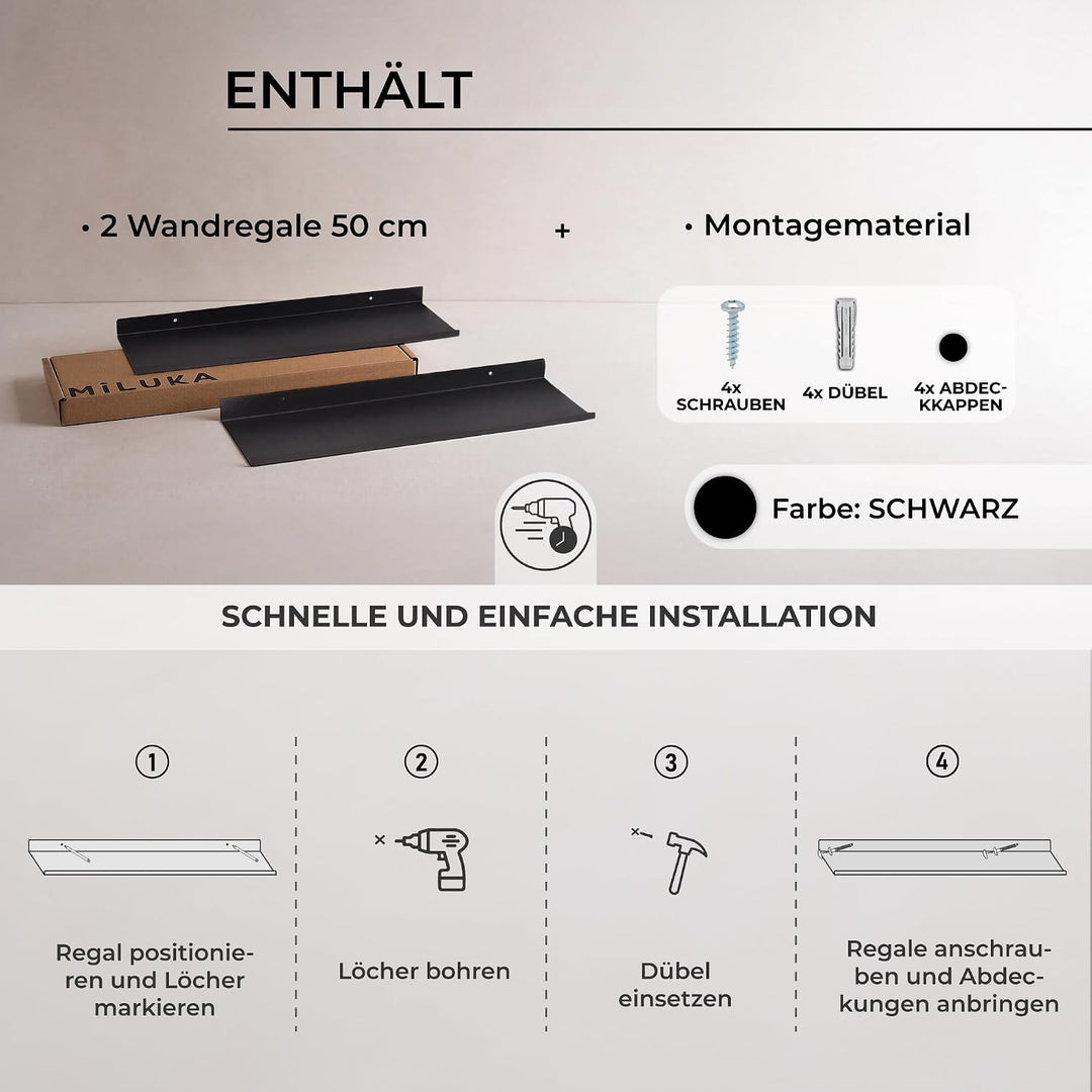 MILUKA Wandregal Schwarz aus Metall | 2er Set Schweberegale Schwarz 50 cm | Badezimmer Regal Wand |