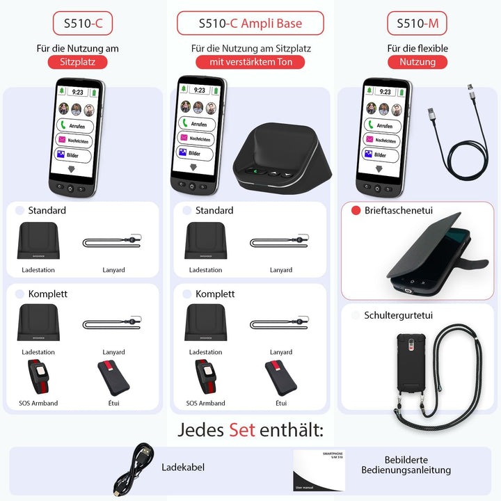 swissvoice - Smartphone S510-M + Magnetisches Ladekabel + Schutzhülle mit Kartenfach - Einfach zu be