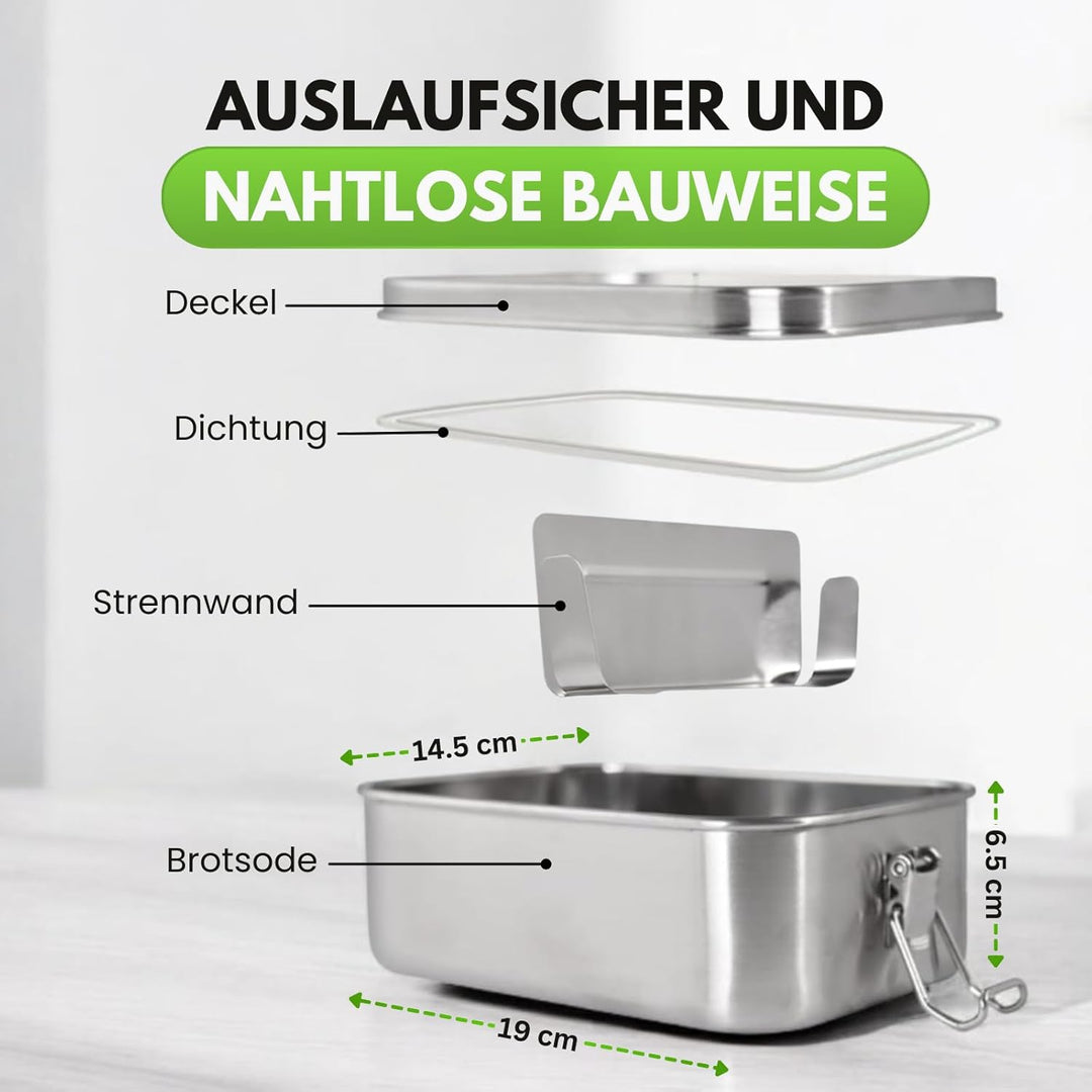 Brotdose Edelstahl 1200 ml – Auslaufsicher dank Silikondichtung – Lunchbox mit beweglicher Trennwand