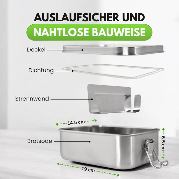 Brotdose Edelstahl 1200 ml – Auslaufsicher dank Silikondichtung – Lunchbox mit beweglicher Trennwand