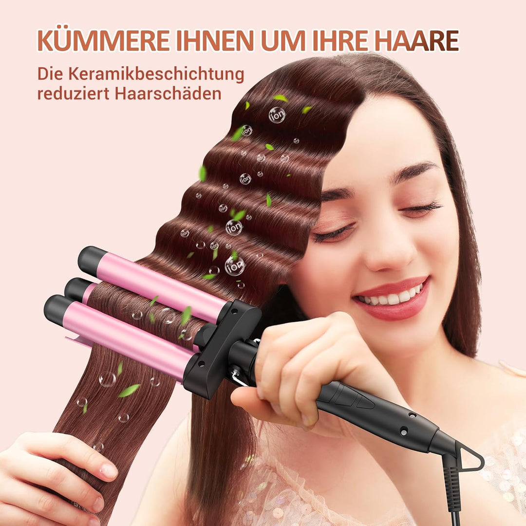 Beach Waves Lockenstab 3 Barrel - Edelstahl Heizung Wellig Lockenstab für langes & kurzes Haar, Rosa