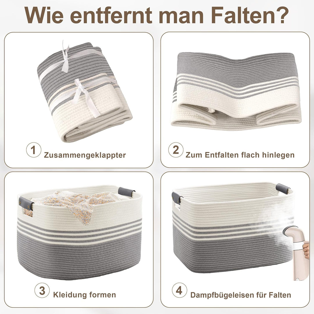 Wäschekorb Geflochten Gross aus Baumwollseil, 86L Aufbewahrungskorb mit Lederhenkeln, Korb für Decke