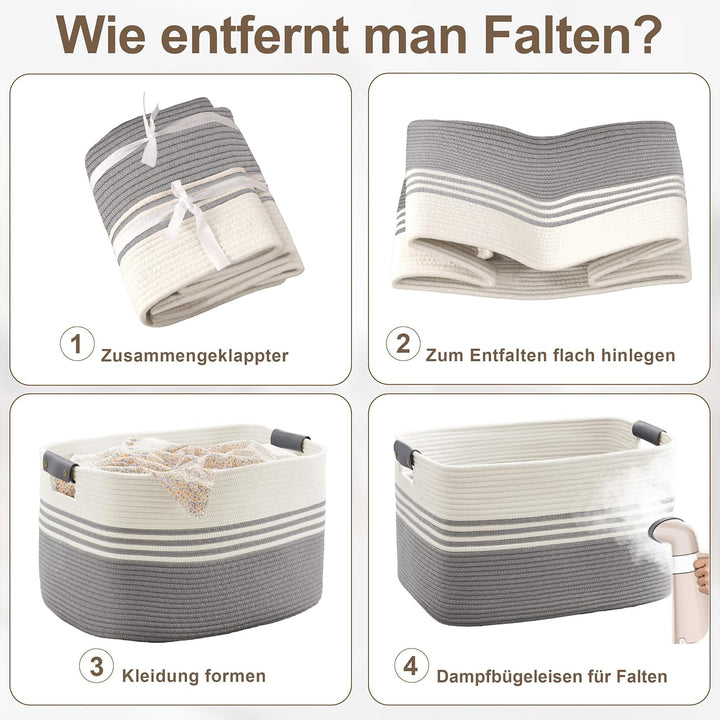 Wäschekorb Geflochten Gross aus Baumwollseil, 86L Aufbewahrungskorb mit Lederhenkeln, Korb für Decke