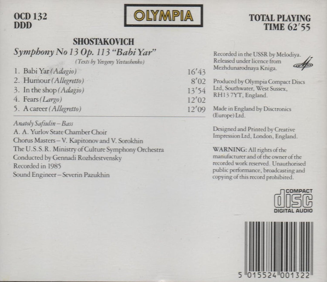 Symphony No. 13 Op 113 'Babi Yar', Audio-CD