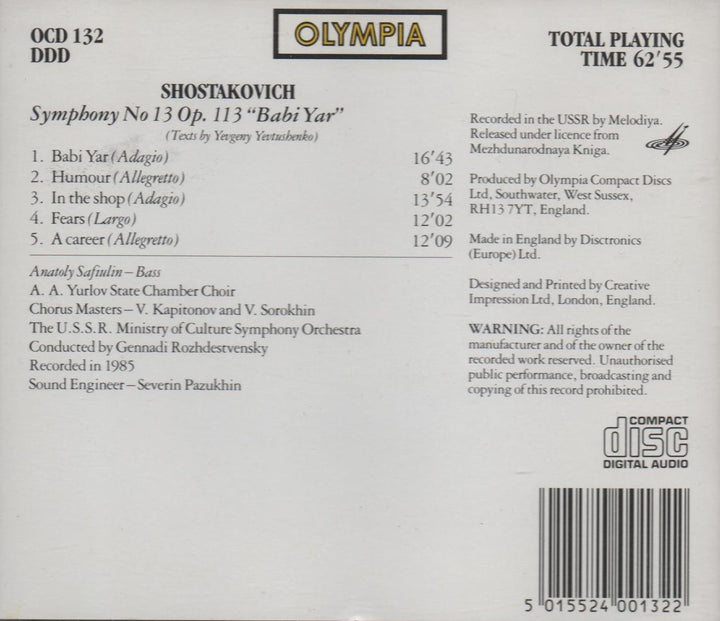 Symphony No. 13 Op 113 'Babi Yar', Audio-CD