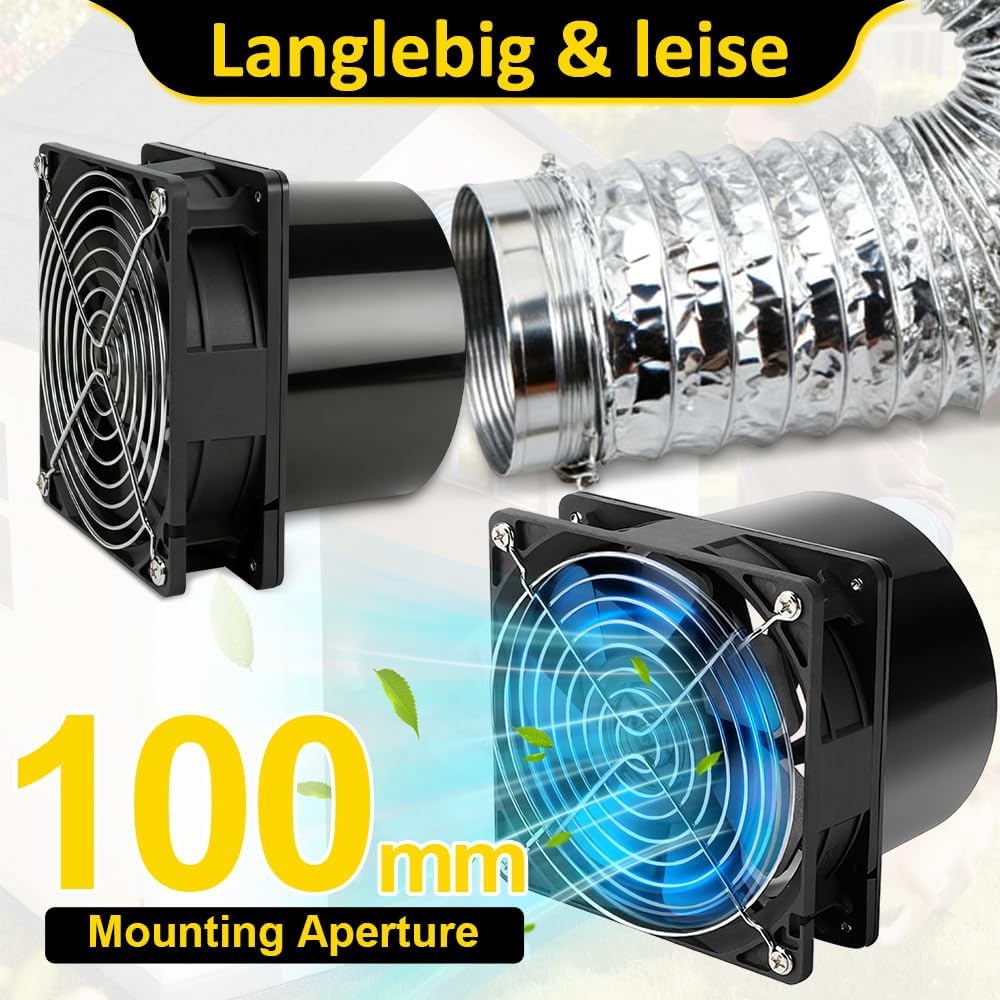 100mm Abluftventilator, 12V Rohrventilator mit Geschwindigkeitsregler, Hitzebeständig Rohrlüfter 100