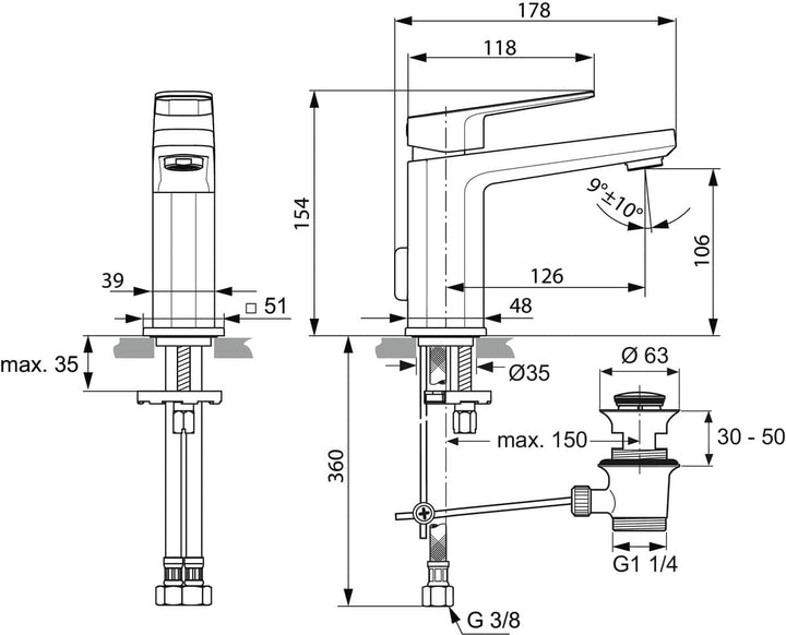 Ideal Standard A6326AA Tonic II Waschtischarmatur mit Ablauf, Bad-Wasserhahn mit Auslauf, Mischbatte