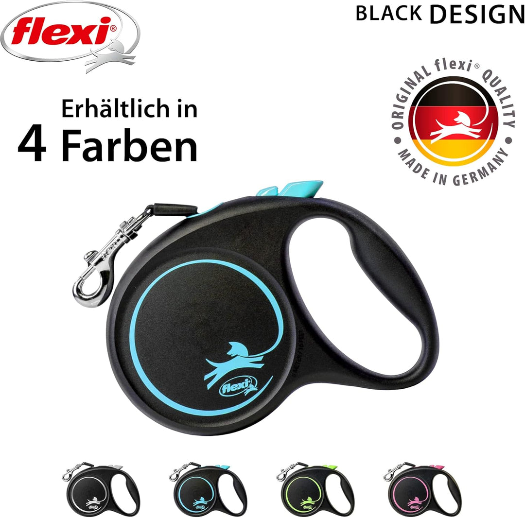 flexi® Black Design M Gurt 5 m schwarz/blau, Roll-Leine für Hunde bis 25 kg M: 5m (max. 25kg), M: 5m