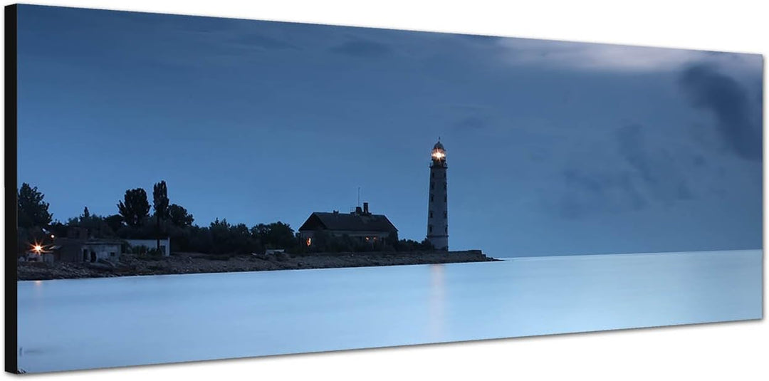 Paul Sinus Art Panoramabild auf Leinwand und Keilrahmen 120x40cm Meer Leuchtturm Nacht Nebel Steine