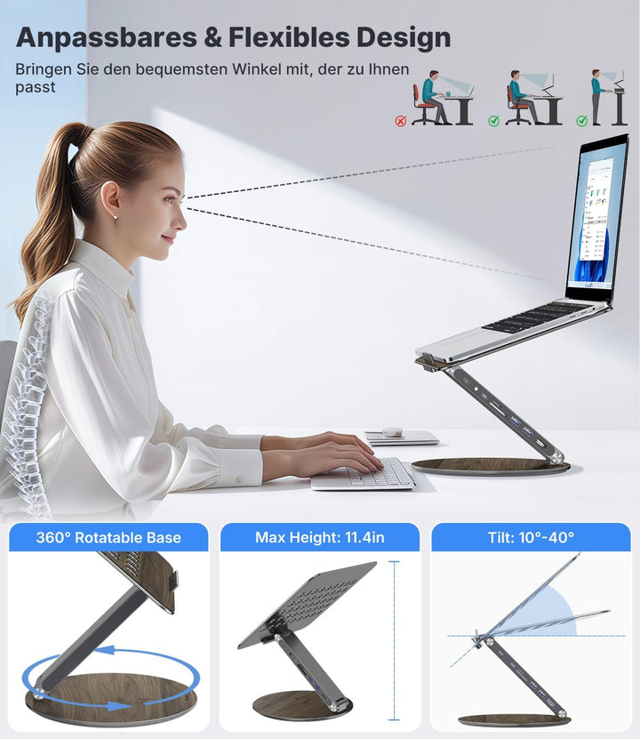 KU XIU Verstellbar Laptop Ständer mit 8-in-1 Dockingstation, Aluminium Laptop Halterung mit USB HUB