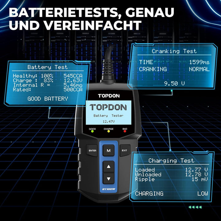 TOPDON BT100W Auto Batterietester 2 in 1, 12V Bluetooth Batterie Analyzer 100-2000 CCA Wechselstromg
