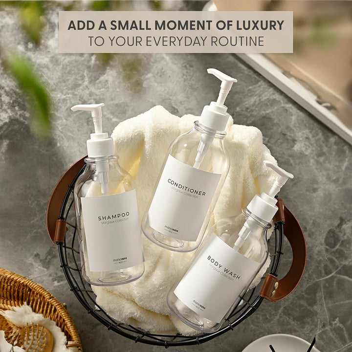 MaisoNovo Nachfüllbare Shampoo und Conditioner Flaschen | 500 ml Satz von 3 klaren Kunststoff-Flasch