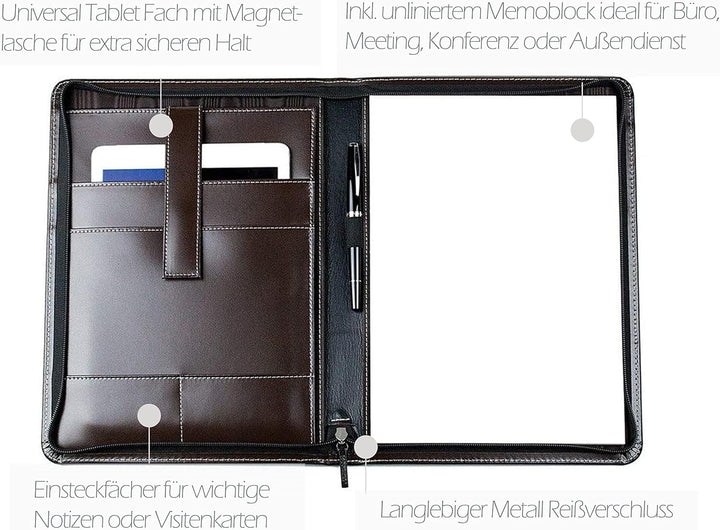 DELMON VARONE - Personalisierbare Tablet Schreibmappe DIN A4 aus Cambridge Top Grain Leder braun, Ko