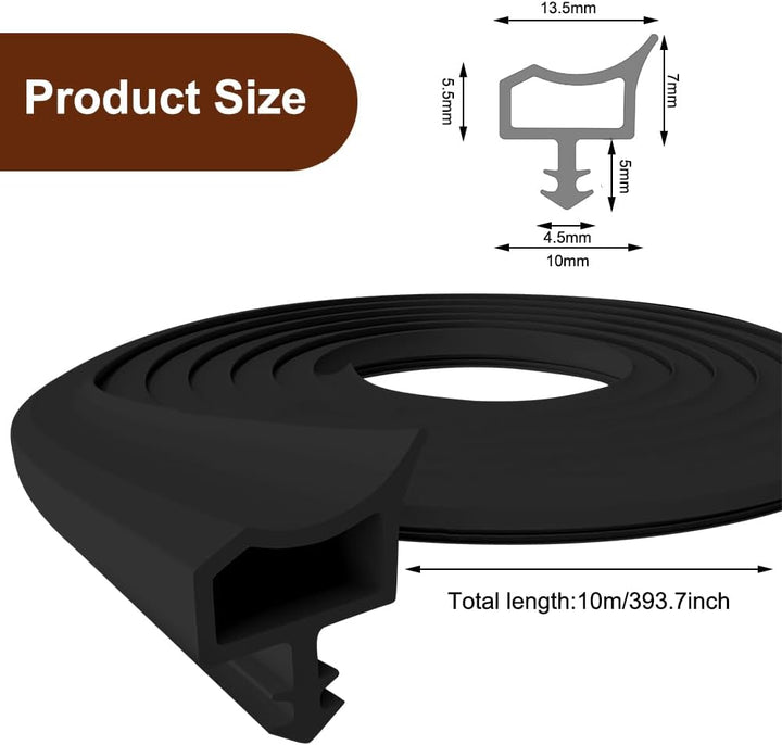 Dichtung Zimmertür Türdichtung 10M Schwarz, Gummi-Dichtprofil mit 4mm Nutbreite, 7mm Nuttiefe und 12