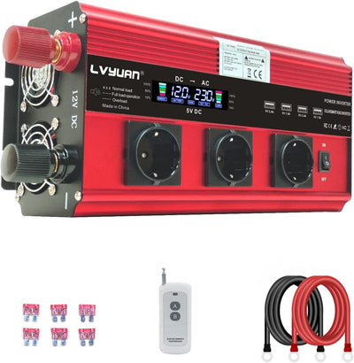 Wechselrichter 12V 230V 3000W /6000W Wechselrichter Fernbedienung 4X USB und LCD 3 AC Steckdosen Mod