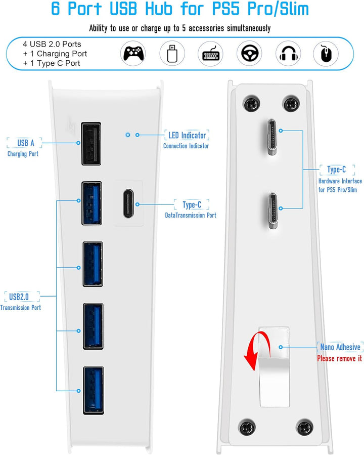 Joso 6 Port USB Hub für PS5 Pro/Slim, USB High-Speed Expansion Hub Ladegerät Splitter Kompatibel mit