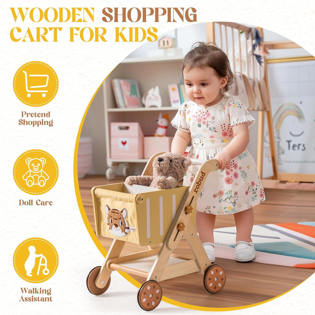 ROBUD Einkaufswagen aus Holz für Mädchen und Jungen, Baby Push Walker, höhenverstellbarer hölzerner