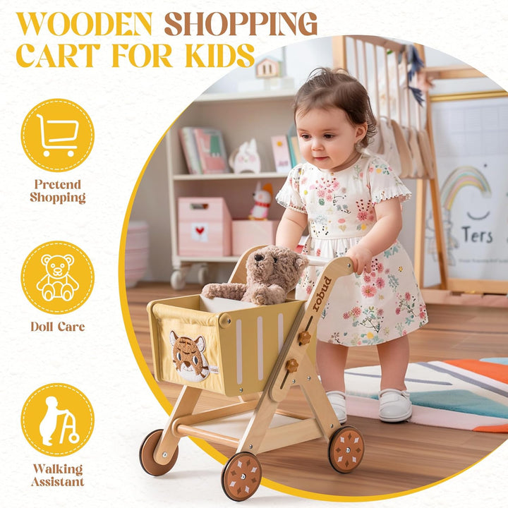 ROBUD Einkaufswagen aus Holz für Mädchen und Jungen, Baby Push Walker, höhenverstellbarer hölzerner