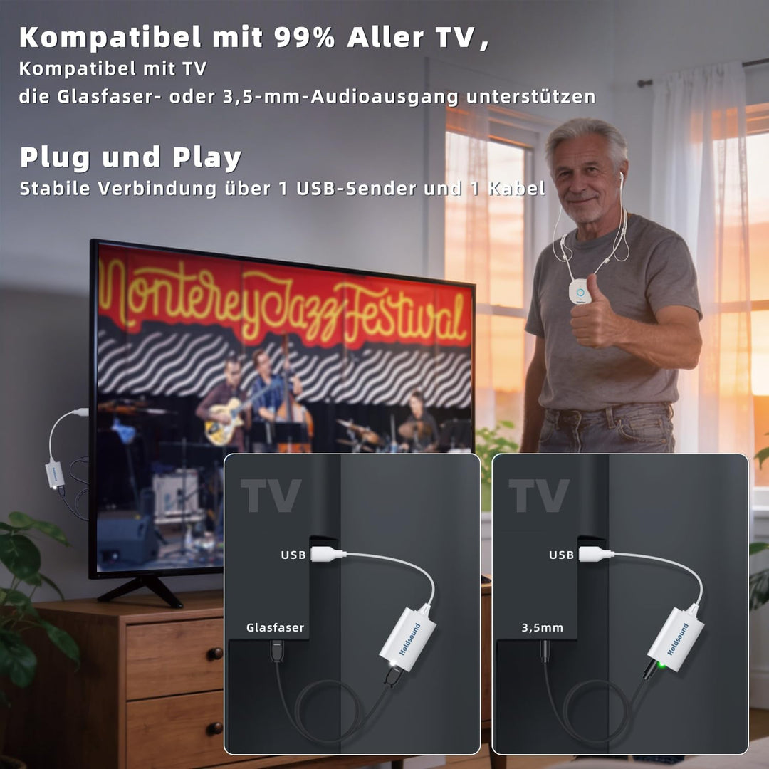 Holdsound HSD100 TV Kopfhörer Kabellos, Funkkopfhörer Kabellos für TV mit USB-Sender, Nackenbügel-De