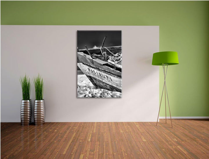 Monocrome, Boot am Strand, Format: 100x70 auf Leinwand, XXL riesige Bilder fertig gerahmt mit Keilra