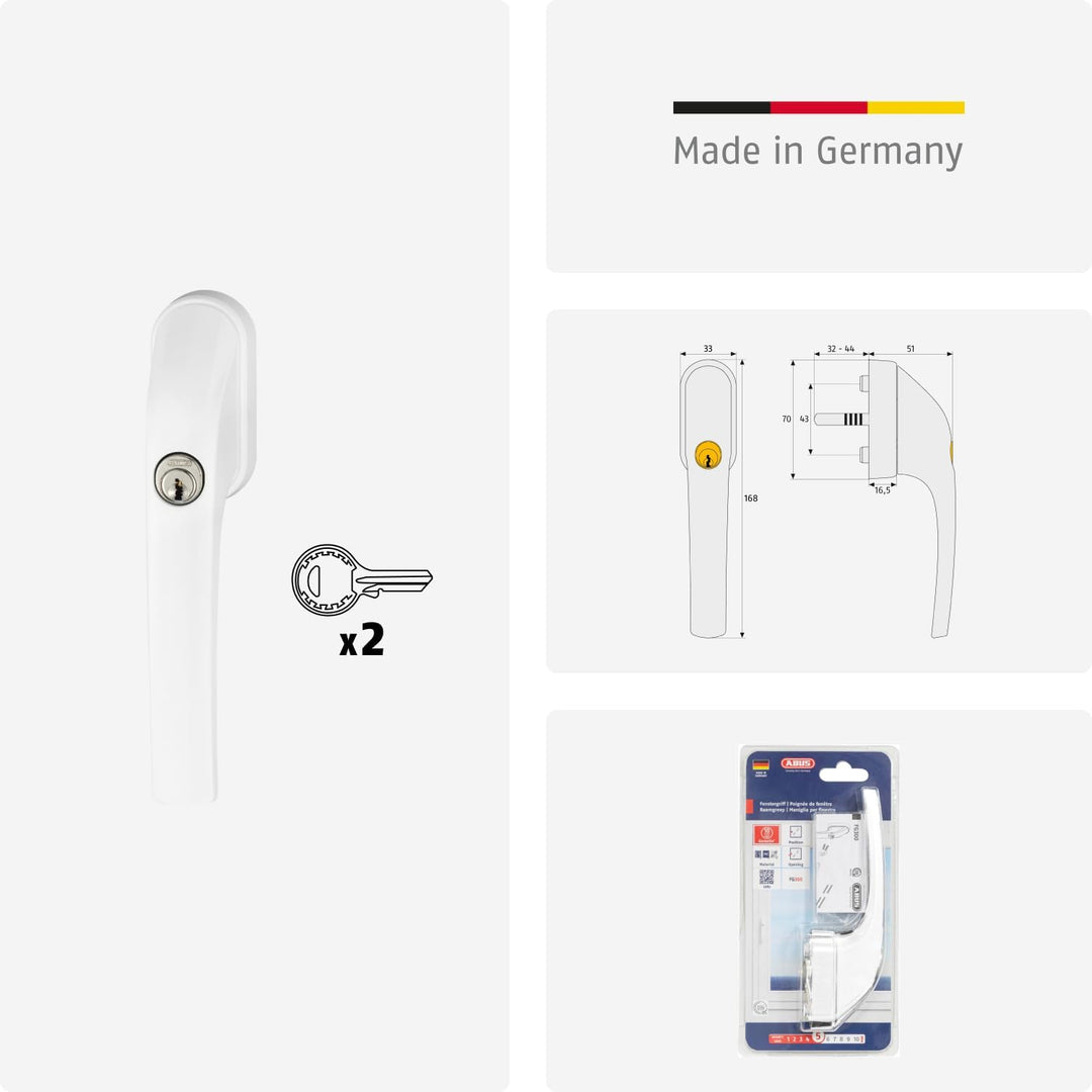 ABUS Abschliessbarer Fenstergriff FG300 AL0145 - Fensterknauf mit Druckzylinder, gleichschliessend -