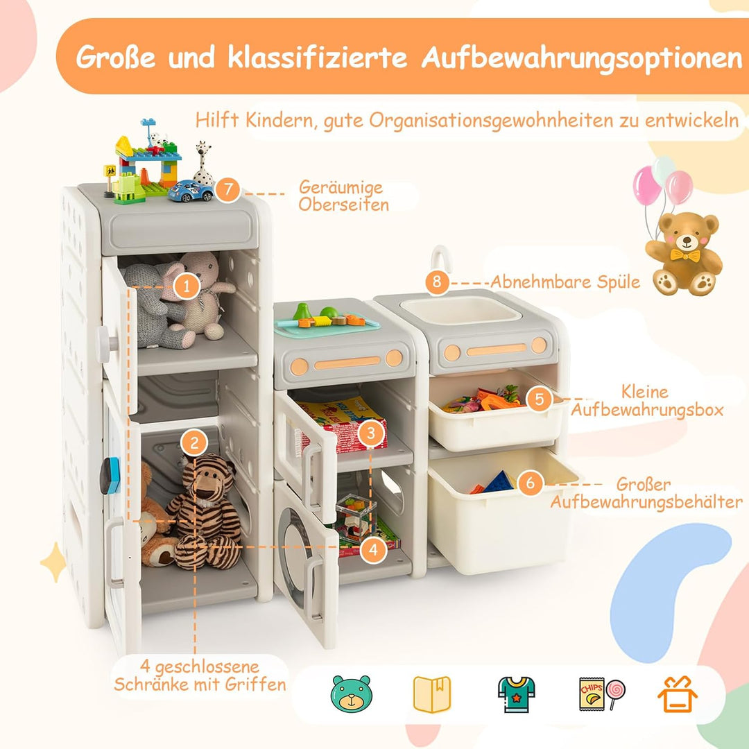COSTWAY Kinderregal mit Boxen, Kinderzimmer Regal mit 4 Schränken Spül Wasserhahn Whiteboard Markern