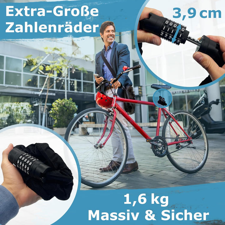 WIDDER Sicheres 8mm Kettenschloss mit Zahlencode (120cm lang, extra-grosse Zahlenräder, gehärtete St