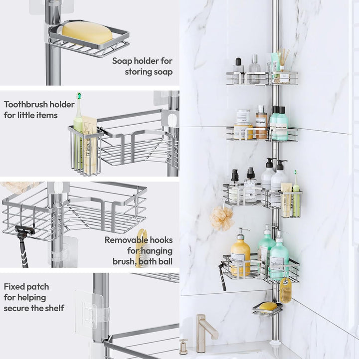 SWTYMIKI Duschregal Teleskop Dusche Teleskopstange - 4-Tier Teleskop Eckregal Dusche mit Seifenhalte