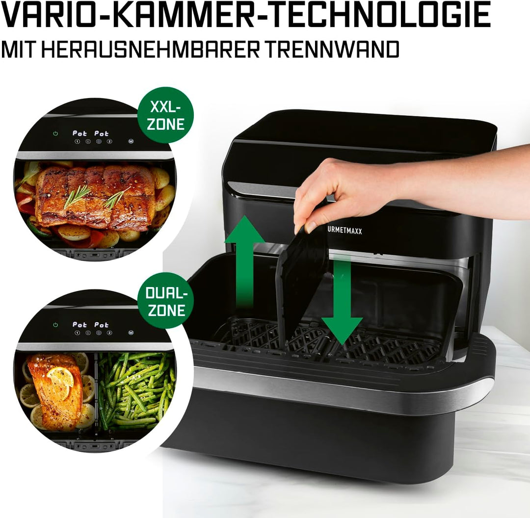 GOURMETmaxx Heissluftfritteuse, 10 L - 2 x 5 L Airfryer Vario-Kammer | Fritteuse mit 8 Programmen &amp;