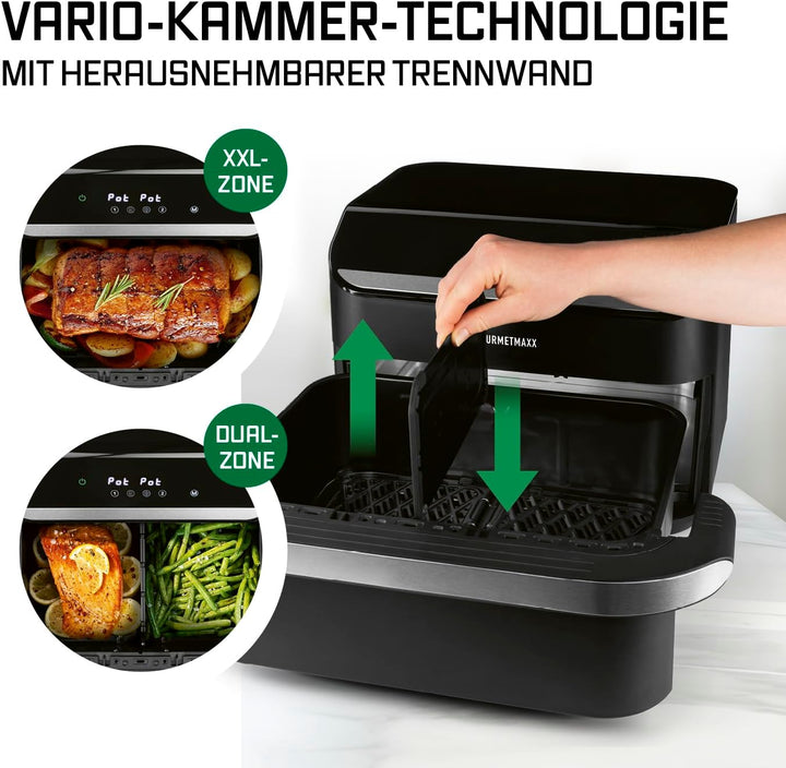 GOURMETmaxx Heissluftfritteuse, 10 L - 2 x 5 L Airfryer Vario-Kammer | Fritteuse mit 8 Programmen &amp;