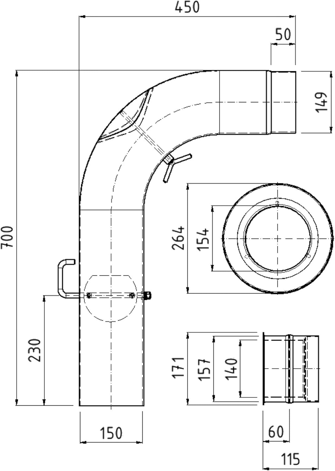 raik Rauchrohr Ofenrohr Set 150 mm einteilig gussgrau 90 Grad Bogen gezogen 2 mm Stahl Senotherm Lac