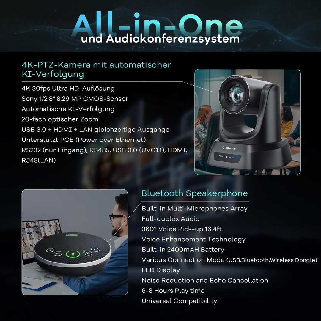 TONGVEO 4K KI-Auto-Tracking PTZ-Konferenzkamera mit Bluetooth-Speakerphone & Mikrofon, 20-Fach optis