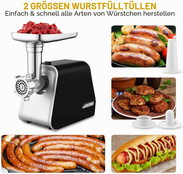 Nictemaw Fleischwolf, Elektrischer Fleischwolf 2000W, Multifunktionale Maschine mit 3 Mahlplatten un