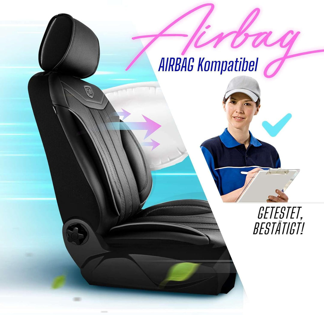 Autositzbezüge Universal für PKW & SUV – Premium Vordersitze Auto Sitzbezug aus Leder, Schwarz-Grau,