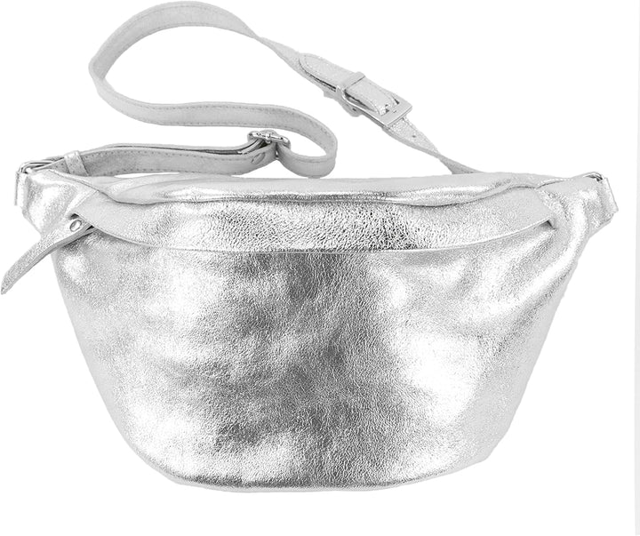 modamoda de - T77 - ital. Hüfttasche Bauchtasche Brusttasche Large aus weichem Leder, Farbe:Silber-M