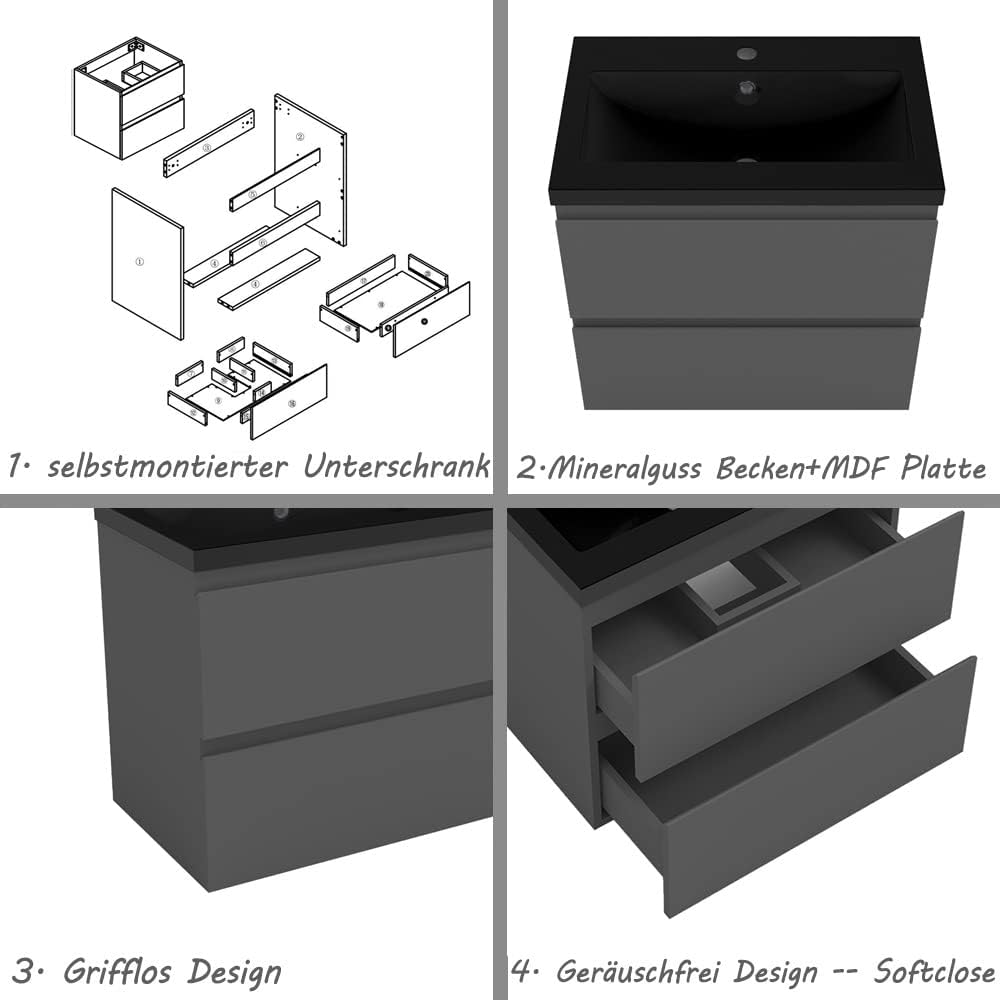 Waschtisch mit Unterschrank 60 cm Badmöbel Set mit Waschbecken Schwarz Gäste WC Anthrazit Matt