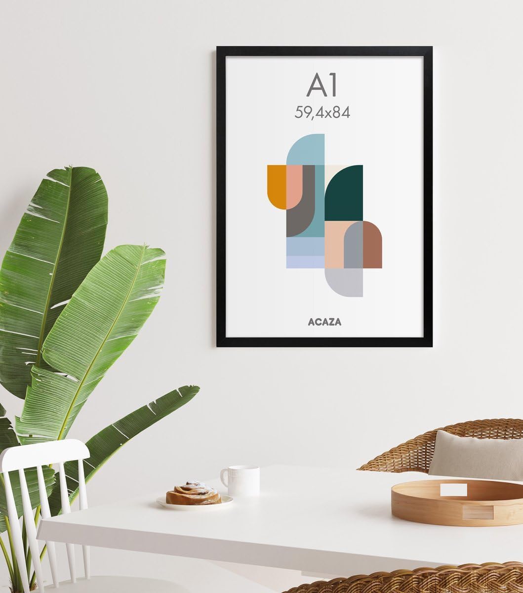 ACAZA A1 Bilderrahmen 59,4x84 cm Format Din A1 Schwarz, MDF Holz mit bruchsicherem Acrylglas, für Ph