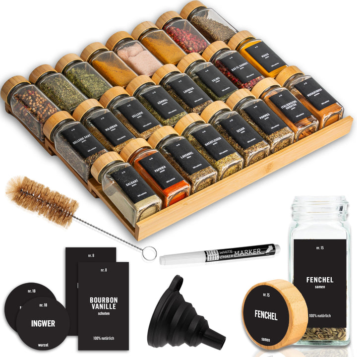 Deco haus® Gewürzregal Schublade [MIT 24 GEWÜRZGLÄSER & ETIKETTEN] - Gewürz Organizer Schublade - Ge