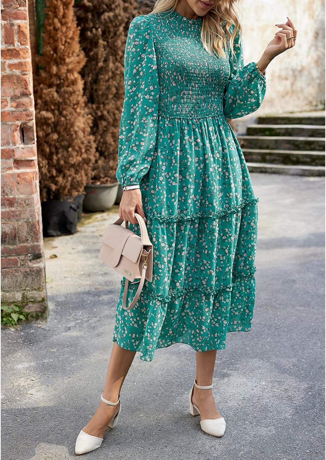 YNIQUE Damen Kleider Lässig Langärmlig Stehkragen Bohemian Blumenmuster Fliessende Maxi Kleider Abge
