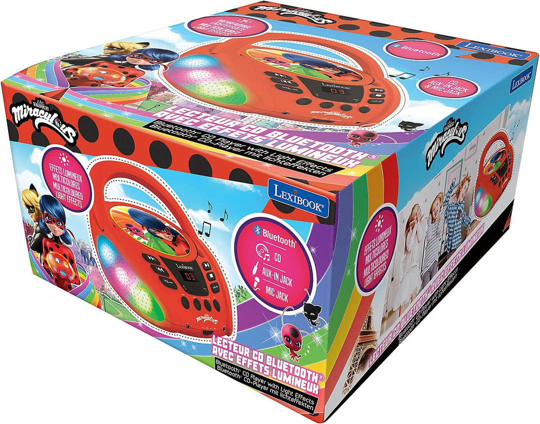 Lexibook, Miraculous Ladybug Cat Noir, Bluetooth-CD-Player für Kinder, tragbar, mehrfarbige Lichteff