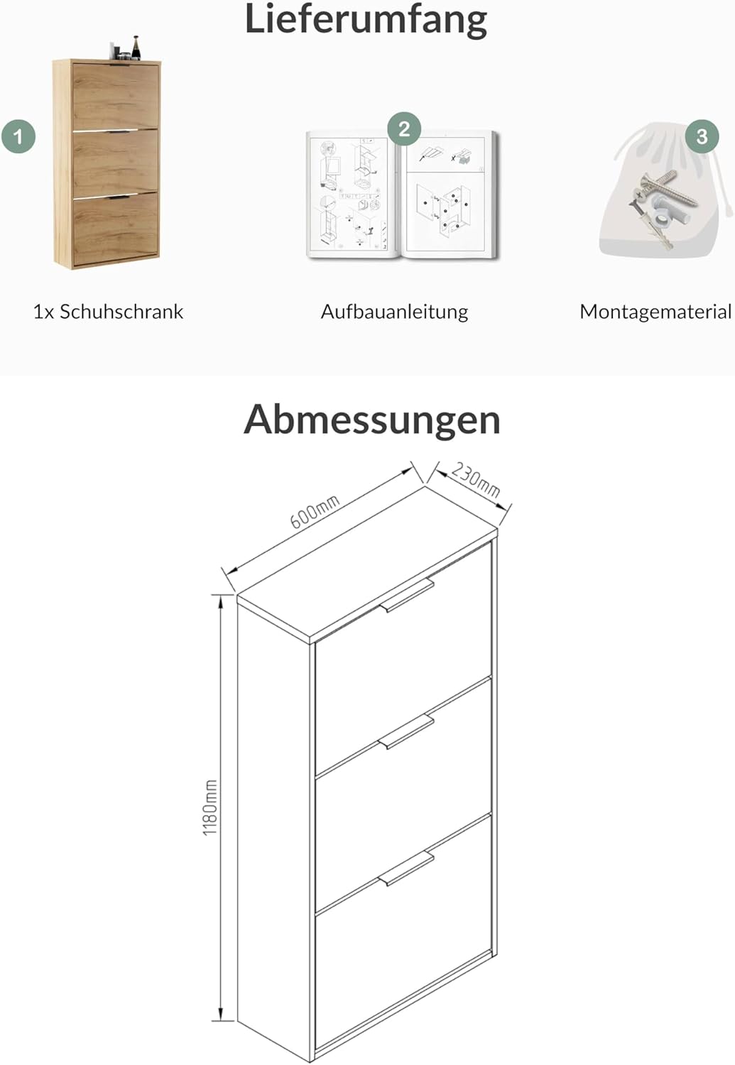 Planetmöbel Schuhschrank schmal mit 3 Klappen platzsparender Schuhregal mit 6 Ablagen, Schuhkommode