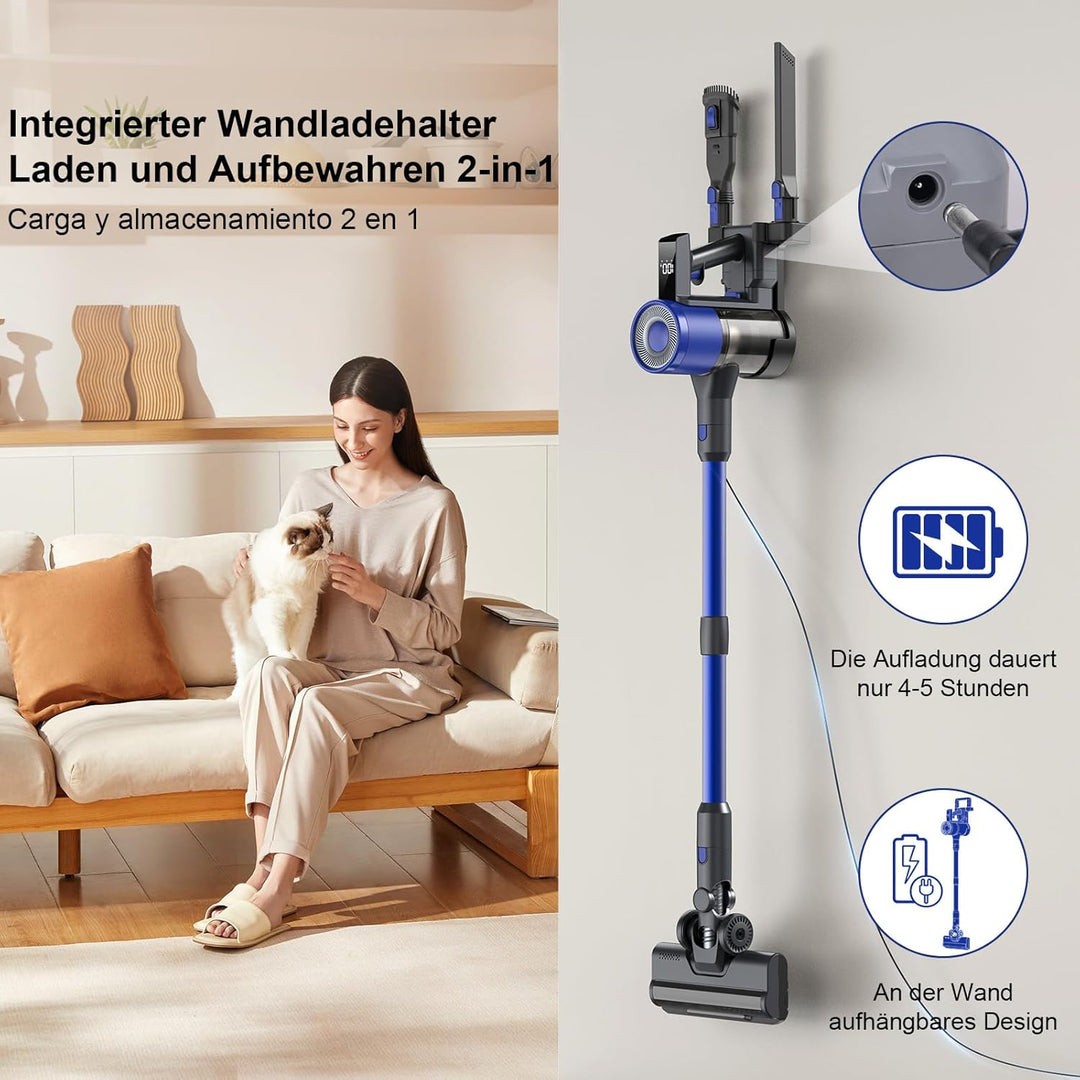 Akku Staubsauger 650W/58KPA/60Mins,Staubsauger Kabellos mit Selbststehend Anti-Tangle-Bürste LED, 2,